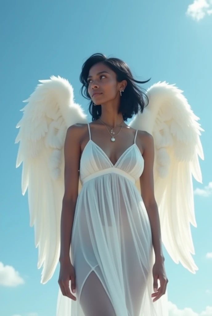 (Beautiful Black Woman, Beautiful angel, whole body:1.3),(White skin:1.8),(Beautiful small breasts:1.35),(heavenの輪, Angel Wings:1.4),(Look at this),(A Kind Smile, Long face:1.45)、(White see-through dress, See-through pubic hair:1.4),Random Accessories、(Asymmetrical layered cut hairstyle:1.15)、blue sky, Floating in the air, heaven
