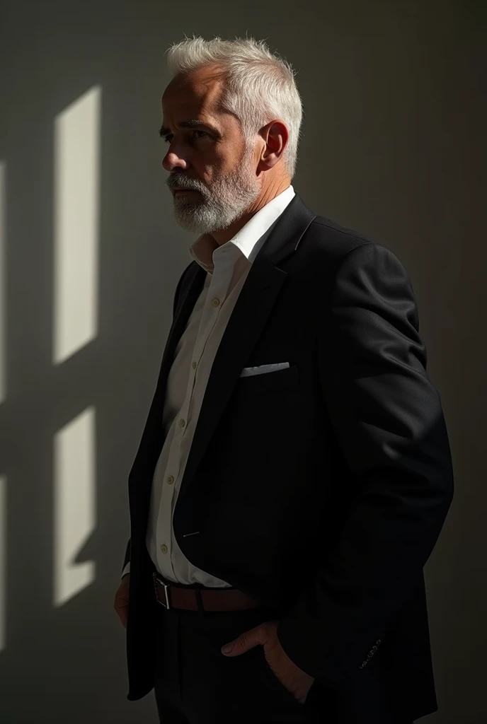 create man in suit in low light room, Measuring 1,75 and weighing 85 kg, white hair and beard, charming