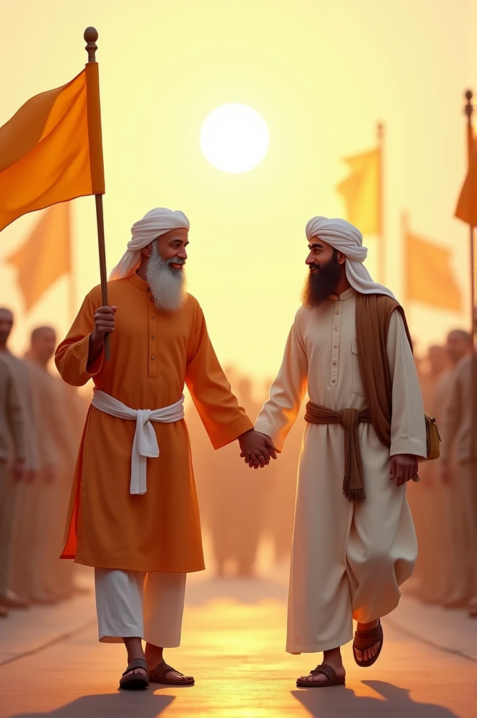 image quality cartoon type Hindu man and a Muslim man holding hands, two people are very happy and many people are moving behind face good looking enemy effect background man hand yellow flag