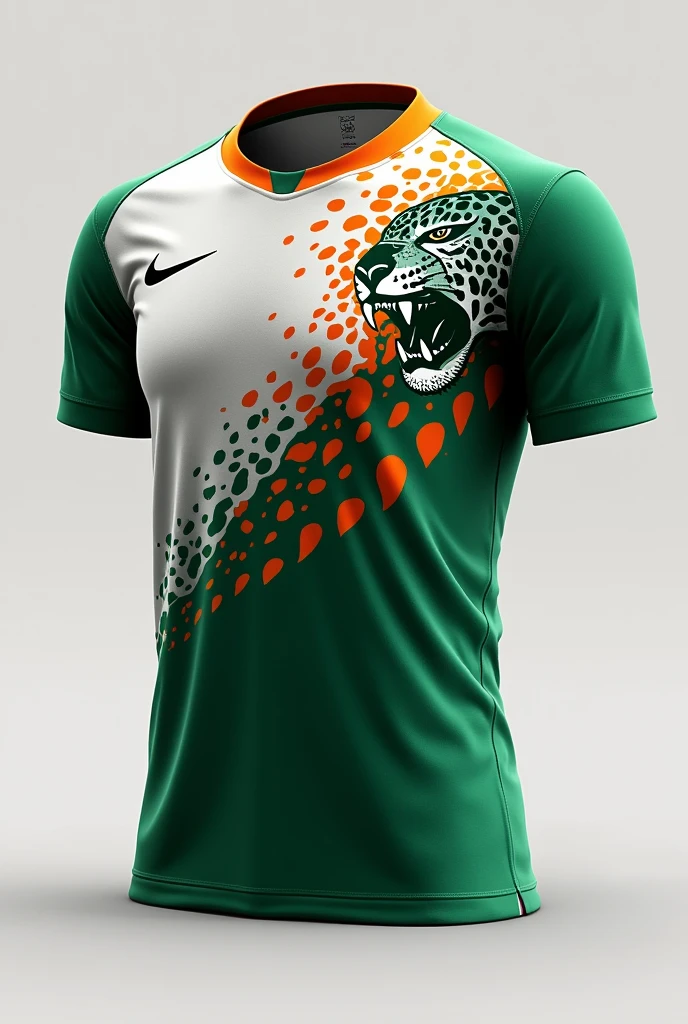 Women's futsal athletic uniform, men's and women's volleyball in moss green and white colors, with orange jaguar spots running down the chest to half of the shirt and a jaguar in the same shade blending into the shirt with its mouth open on the right side of the shirt