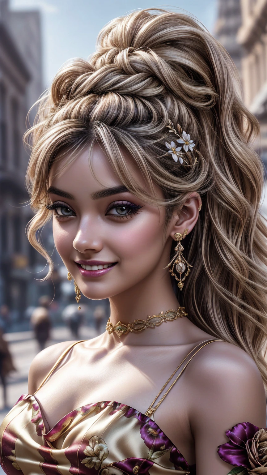 (Photorealistic realism 16K quality), ((ultra insanel quality, professional digital art)), ((focus on extremely Realistic Proportion Body, Anatomically Correct:1.2)), Beautiful Girl, Half Body Portrait, Black Eye Shadow, ((Street Style Wear:1.35) )), (city background:1.25), finer details, intricate, beautiful details glow, (super details beautiful, slim and sharp features), (bright pale complexion). break, (insanely detailed brown_ eyes:1.25), (tired, sleepy and satisfied:0.0), perfect round eyes, (finely detailed pupils:1.3), detailed, ((smiling, joyful face)), (perfect composition), Depth of field, cinematic light, Lens flare, dslr, best high quality soft lighting, sharp focus captured by Fujifilm XT3, f 5.6, in a dramatic lighting, ((Best Quality)) ,((masterpiece)), intricate details, dry skin, best high quality real texture skin, (A woman with velvety skin:1.3), (best high quality real texture hair), (blonde hair(wavy combed up, behind the ear:1.22)), (firm big full breasts), (slim muscled body), she is the embodiment of beauty and allure, ((Dressed in a breath taking, silk Dolce & Gabbana.Floral dress:1.3)), elegant fashion intricately detailed:1.28), floral couture, (clothes made of silk and flower:1.3), 3/5 long, (closeup to her face)