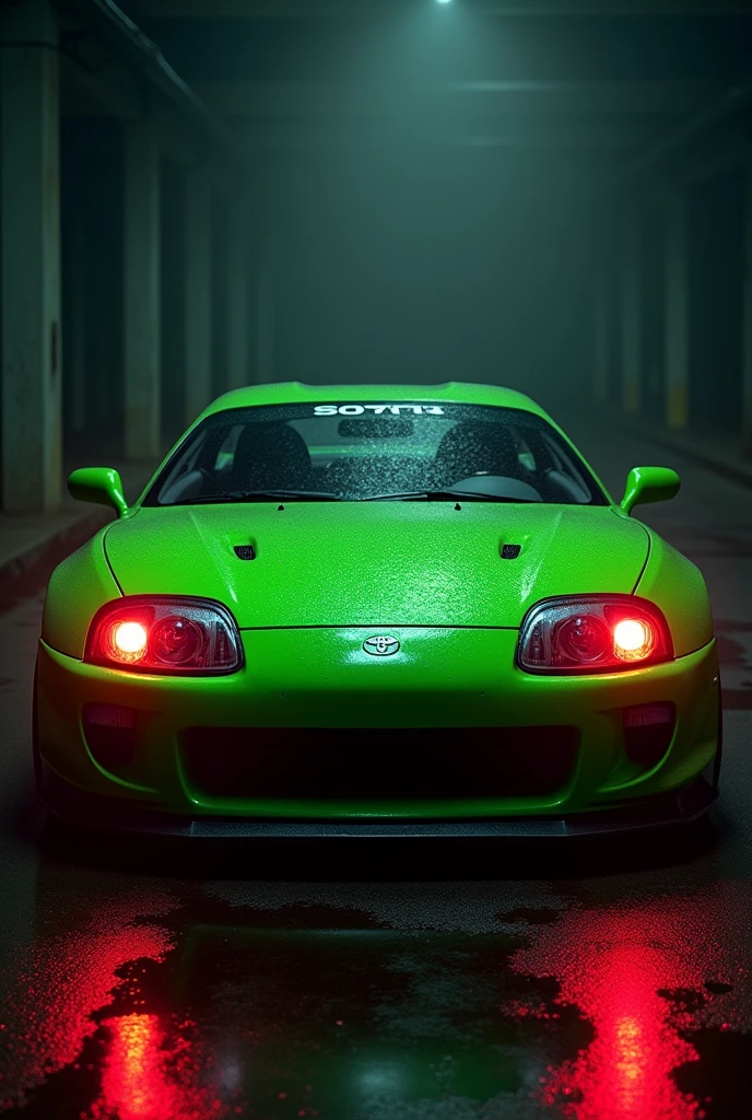 Toyota supra mk4 1993 model in green color and bloody  front lights with dark background