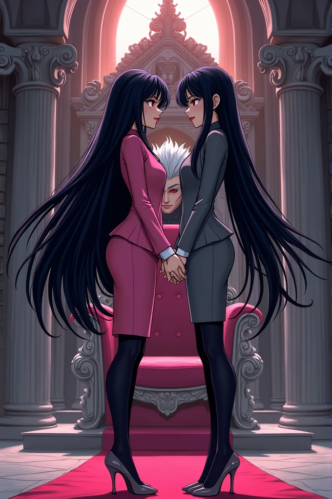 Two womens long black hairs, yuri,
(The first women wear a pink suit, black shirt, pink pencil skirt, black underpants, black tight, pink high-heels)
(The second women wore a grey suit, black shirt, grey pencil skirt, black underpants, black tights, grey high-heels)

Standing inside the castle, a vampire red eyes white hairs sat on the throne in front of them, cartoon novel, 4K, HD