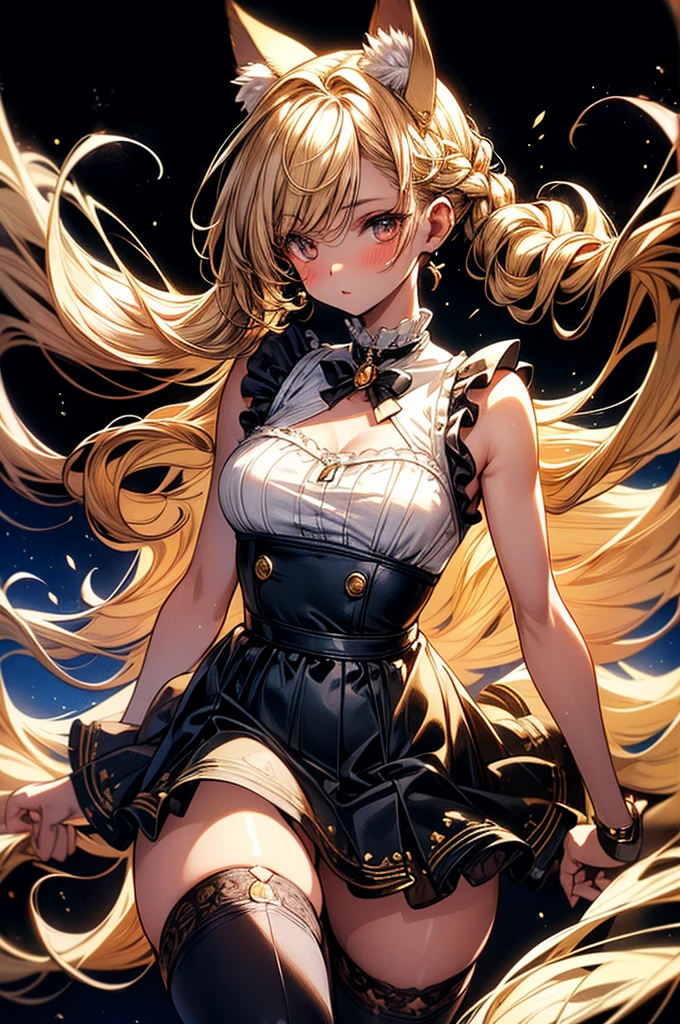 ((highest quality)),(ultra high resolution),(Super detailed),(detailed description),((best CG)),(best work of art),super precision art, great drawing art,(Art with precise details:1.5), (1 woman:1.5), beautiful and well-shaped face:1.5,(Beautiful skin with precise and detailed depiction:1.6),(Sleeveless frilly dress, White waist apron),provocative angle:1.6,gorgeous, masterpiece, best quality, high-resolution, finely detailed, extremely detailed and beautiful, distinct-image, 1 girl, solo, Simple Knee length dress, white frilly waist apron, beautiful young teenage girl, 13 years old, pearly white skin, Blonde braided ponytail hair, adorable and cute facial features, golden-brown colored eyes, sheer white stockings, plump thick lips, modest breasts, slender and slim toned body type, tall height(190cm), small narrow waist, wide curvy hips, plump large round ass, full body picture, cat-ears, cat tail