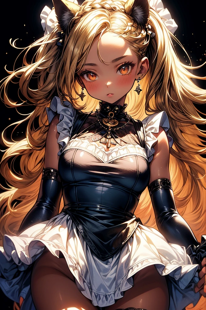 ((highest quality)),(ultra high resolution),(Super detailed),(detailed description),((best CG)),(best work of art),super precision art, great drawing art,(Art with precise details:1.5), (1 woman:1.5), beautiful and well-shaped face:1.5,(Beautiful skin with precise and detailed depiction:1.6),(Sleeveless frilly dress, White waist apron),provocative angle:1.6,gorgeous, masterpiece, best quality, high-resolution, finely detailed, extremely detailed and beautiful, distinct-image, 1 girl, solo, Simple Knee length dress, white frilly waist apron, beautiful young teenage girl, 13 years old, pearly white skin, Blonde braided ponytail hair, adorable and cute facial features, golden-brown colored eyes, sheer white stockings, plump thick lips, modest breasts, slender and slim toned body type, tall height(190cm), small narrow waist, wide curvy hips, plump large round ass, full body picture, cat-ears, cat tail