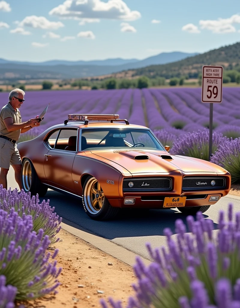 A badass widebody vintage Pontiac GTO 1967 with an airbrushed metallic copper colored body, wide white wall tires, and gold rims, driving through the lavender fields of Provence, France with purple blooms stretching to the horizon. Surfboards are attached to its roof rack, with "68 AM_AXE" written on its side. A sign reading "route 59 is right there for you!" stands next to it. An old man wearing sunglasses stands by the road, painting in the style of Chip Foose.