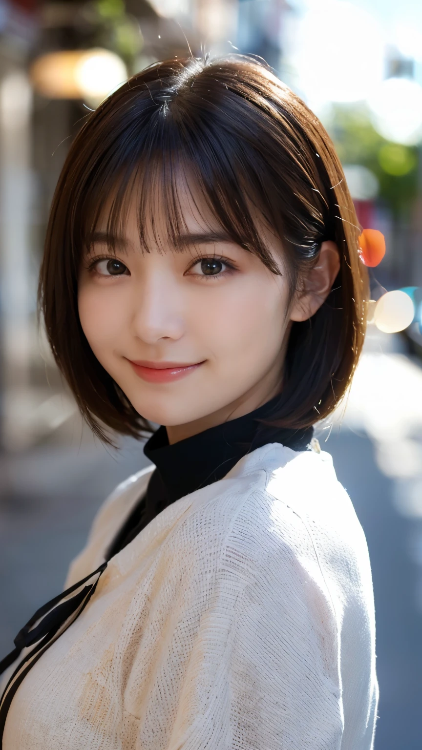 (Highest quality,masterpiece:1.3,Ultra-high resolution),(Very detailed,Caustics,8k),(Realistic:1.4,RAW shooting),1 girl,(Look at the camera with a smile),20-year-old,cute,Japanese,Short black hair,Long sleeve blouse,big ,Bust up shot,street,Face Focus,Natural light,Backlight,(A bright light shines from behind),(Lens flare),Professional Writing,(Low position),(Low Angle)
