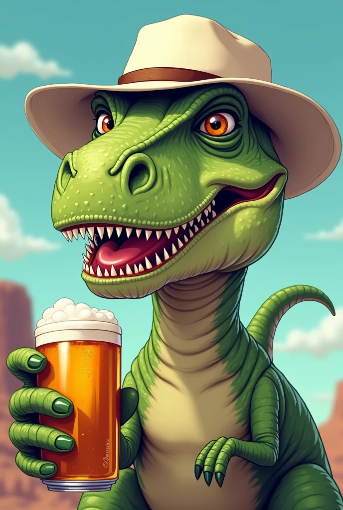 Create a profile picture of a dinosaur, T-Rex, with a white fishing hat on his head comic style with beer in his hand close to the camera, like a selfie