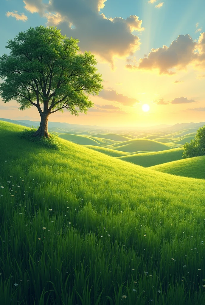 realistic landscape green field with a tree nearby on the left with the sun on the right, 


