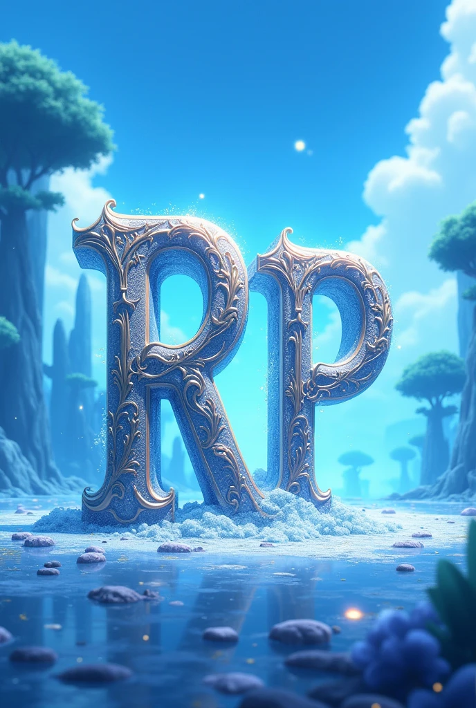Make a 700 x 700 image with a light blue animated setting with anime and the letters RP centered and large with legendary lettering, do it like an advertising poster