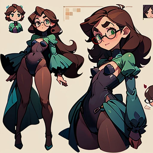 A girl with a rounded and youthful face, with soft features
Large and expressive eyes, dark brown in color. Her eyes are framed by long, curved eyelashes and she wears round green glasses
Eyebrows Naturally shaped and slightly arched, in a dark brown tone that matches her hair
Nose Small and slightly flattened, giving her a sweet and friendly appearance.
Her mouth has thin lips with a kind and sometimes curious smile. Her smile is usually wide and expressive.
Dark brown curly and voluminous curly hair, with curls that fall messily around her face and down to her shoulders
Her body is Slim and youthful in build, a little robust with little chest and big hips Dark skin
Dressed in transparent blue erotic Lingerie (fiucha Butterflies covering the nipples)
(((character sheet))) ((various views)) ((front and back) (Face detail) (full body)