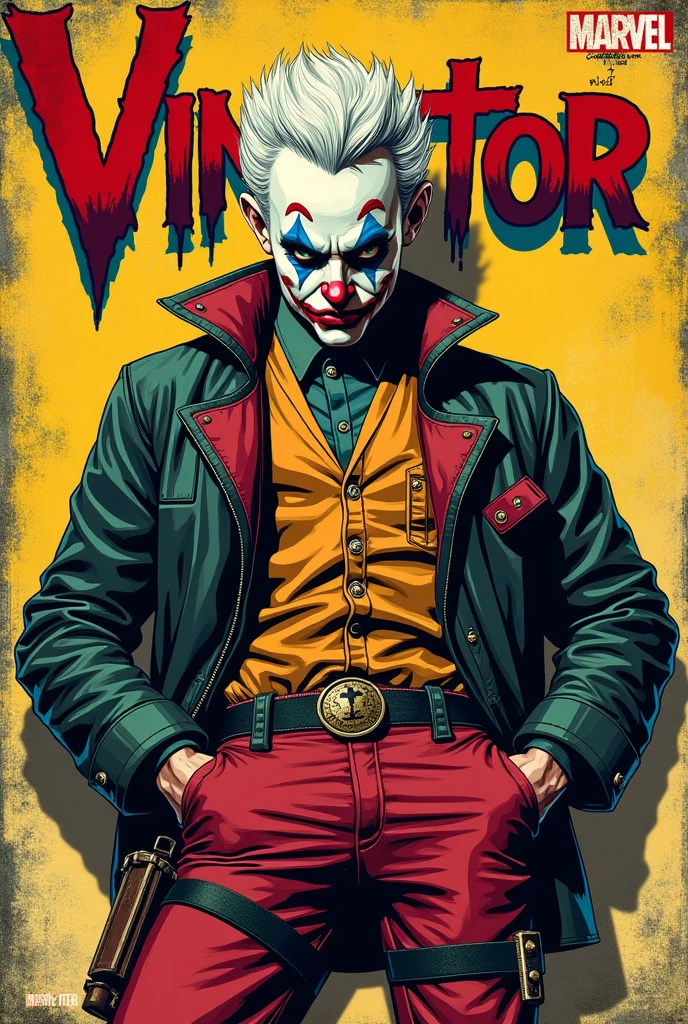 Old style marvel comic book cover ,with a character with clothes deadpool jumpsuit joker jacket face with clown makeup white hair, with title of "vingator"