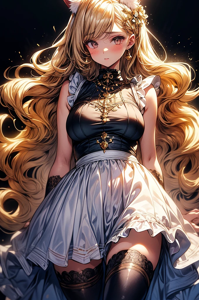 ((highest quality)),(ultra high resolution),(Super detailed),(detailed description),((best CG)),(best work of art),super precision art, great drawing art,(Art with precise details:1.5), (1 woman:1.5), beautiful and well-shaped face:1.5,(Beautiful skin with precise and detailed depiction:1.6),(Sleeveless frilly dress, White waist apron), provocative angle:1.6,gorgeous, masterpiece, best quality, high-resolution, finely detailed, extremely detailed and beautiful, distinct-image, 1 girl, solo, Simple Knee length dress, white frilly waist apron, beautiful young teenage girl, 13 years old, pearly white skin, curly Blonde ponytail hair, adorable and cute facial features, golden-brown colored eyes, sheer white stockings, plump thick lips, modest breasts, slender and slim toned body type, tall height(190cm), small narrow waist, wide curvy hips, plump large round ass, full body picture, cat-ears, cat tail