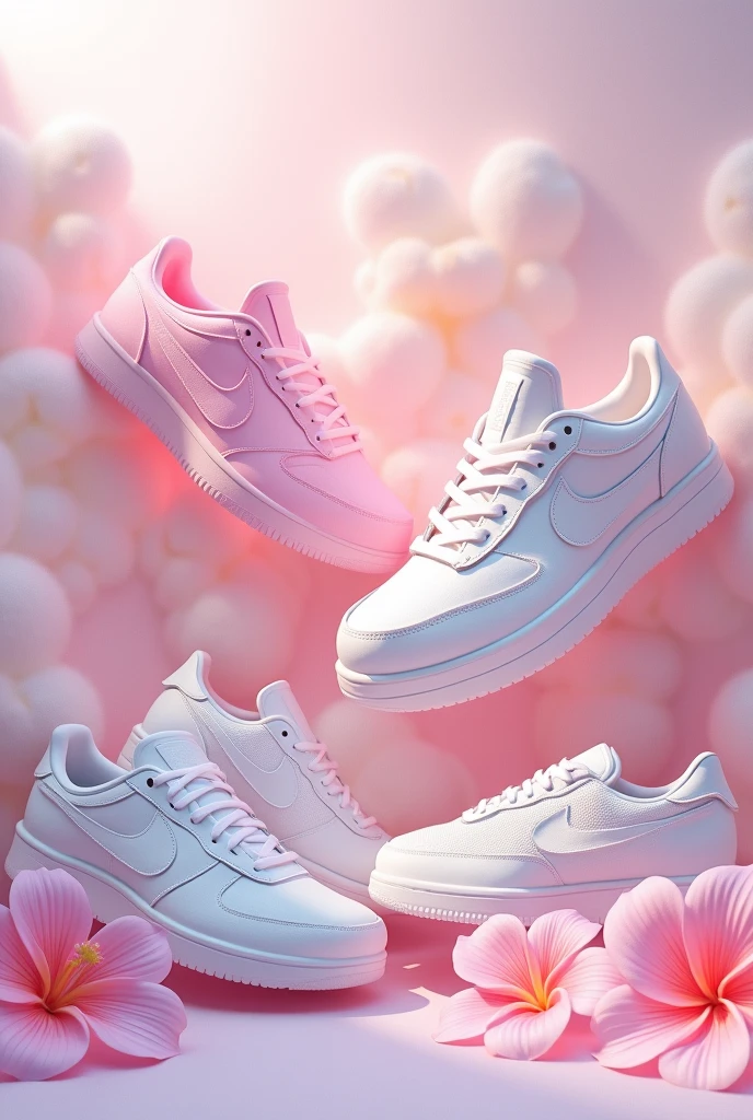 Create an image for Nike tennis business, Adidas, balenciaga, converse, Jordan among others that looks aesthetic and with pastel colors and flowers but that has many brands 