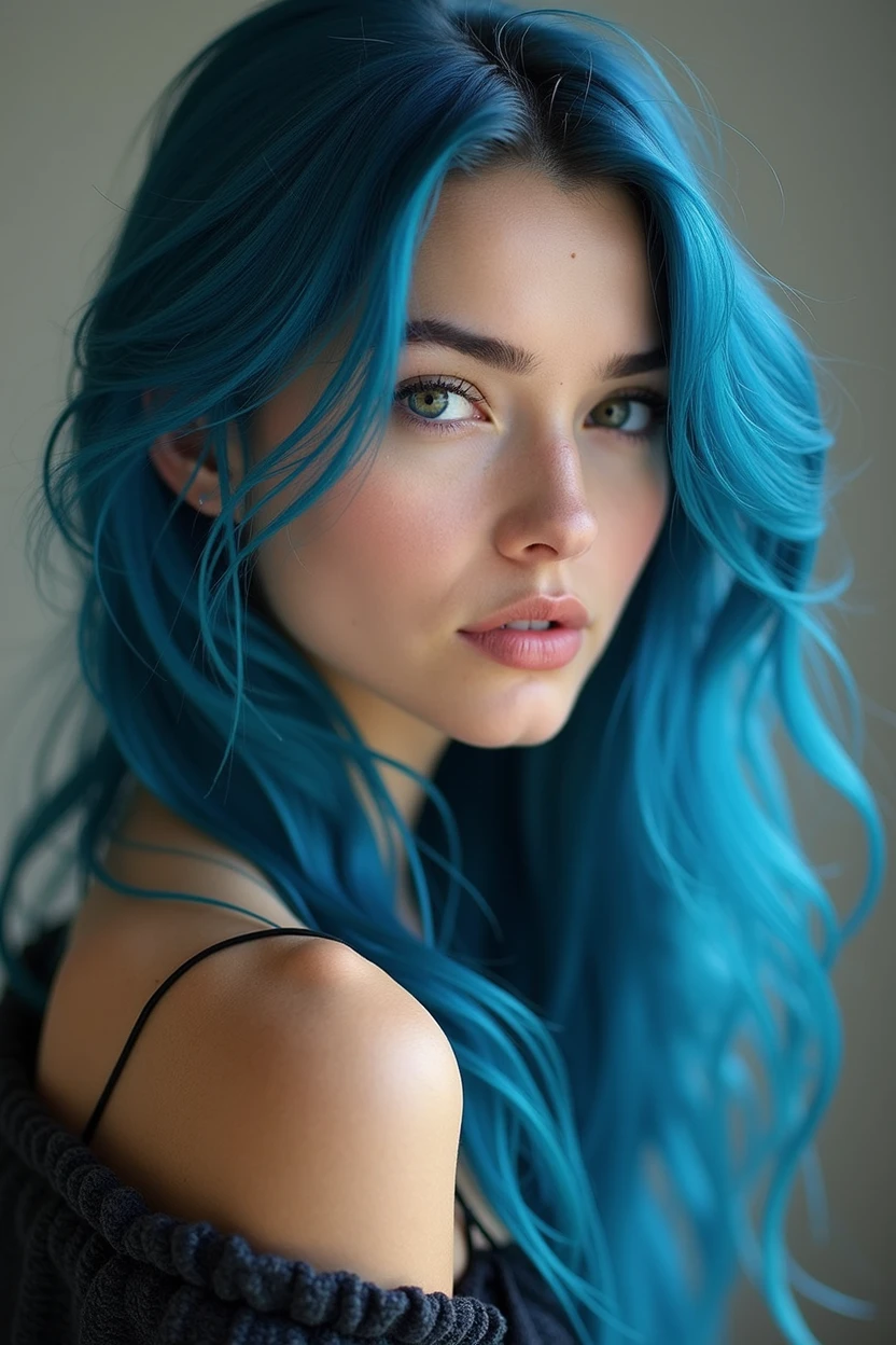 nordic style, female model, blue hair, portret photo