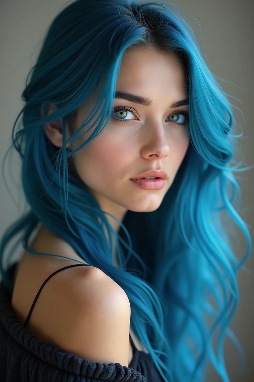 nordic style, female model, blue hair, portret photo