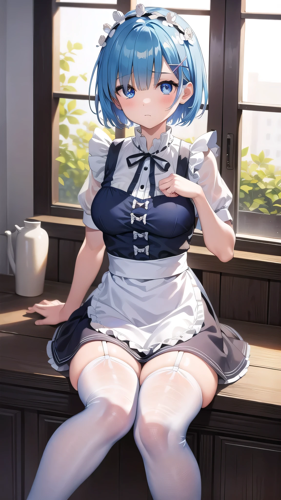 BREAK looking at viewer,BREAK (masterpiece:1.2), best quality, high resolution, unity 8k wallpaper, (illustration:0.8), (beautiful detailed eyes:1.6), extremely detailed face, perfect lighting, extremely detailed CG, (perfect hands, perfect anatomy),mansion,bedroom,windows,night,rem, blue eyes, blue hair, hair ornament, hair over one eye, hair ribbon, short hair, x hair ornament
apron,flower, head wreath, maid,short hair, skirt, thighhighs, waist apron, white apron, white thighhighs,blue hair,shy face,nipples see through,showing legs,full body,upskirt,on all fours,on knees,bend over.