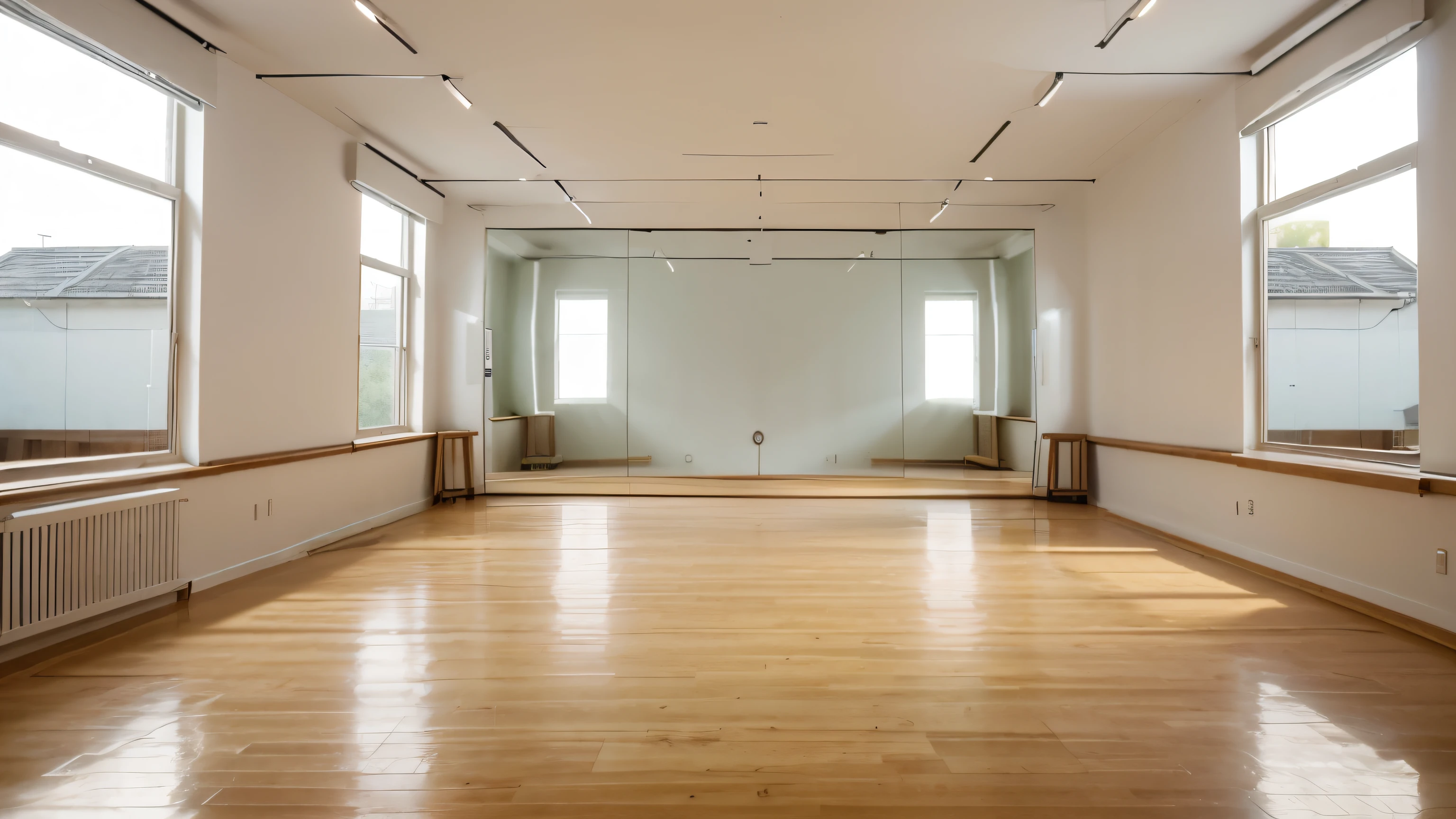 empty dance studio with wooden floor, large airy mirror minimalist aesthetic large space