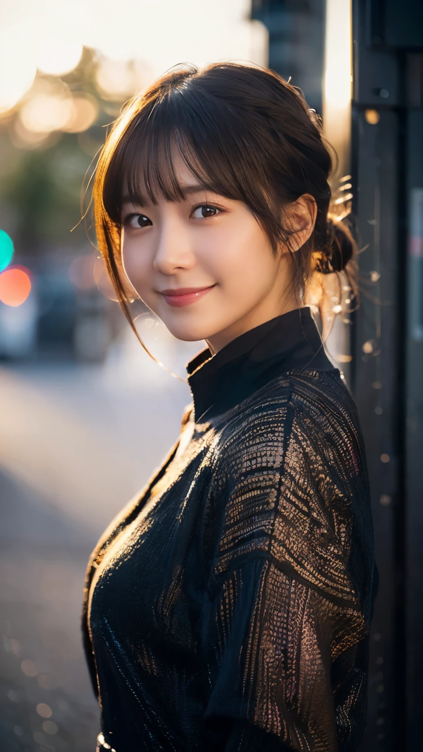 (Highest quality,masterpiece:1.3,Ultra-high resolution),(Very detailed,Caustics,8k),(Realistic:1.4,RAW shooting),1 girl,(Look at the camera with a smile),20-year-old,cute,Japanese,Short black hair,Long sleeve blouse,big ,Bust up shot,street,Face Focus,Natural light,Backlight,(A bright light shines from behind),(Lens flare),Professional Writing,(Low position),(Low Angle)