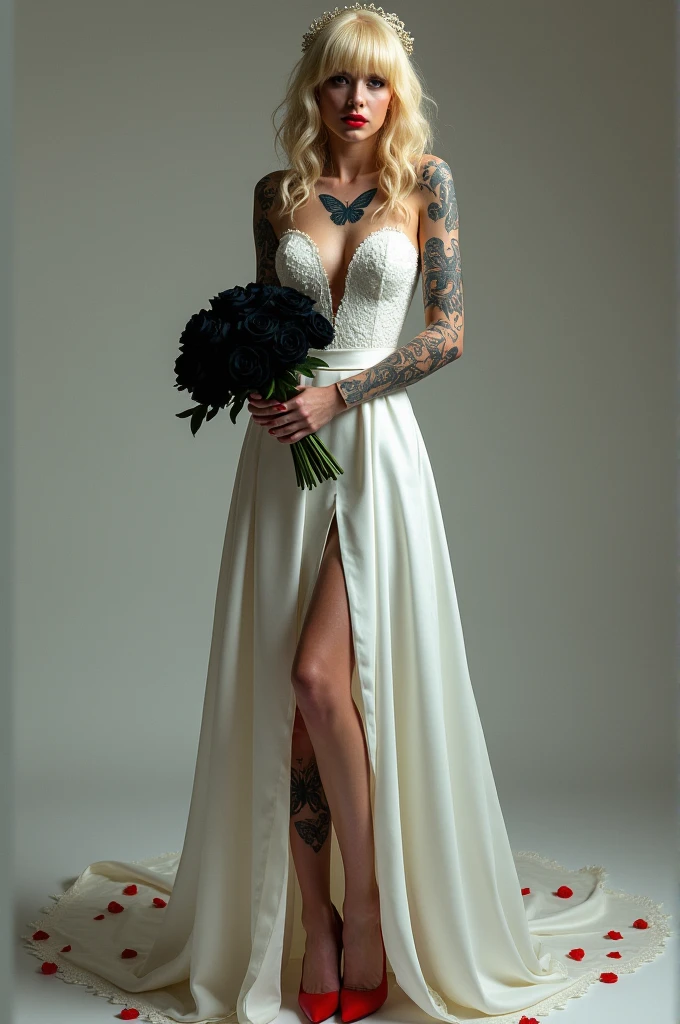 a one woman, Alta loira, with strong makeup red lipstick, wearing a wedding dress, with cleavage showing all her tattoos, a butterfly tattoo on the chest, on the feet red high heels, on the hem of her dress red spots in her hands a bouquet of black roses