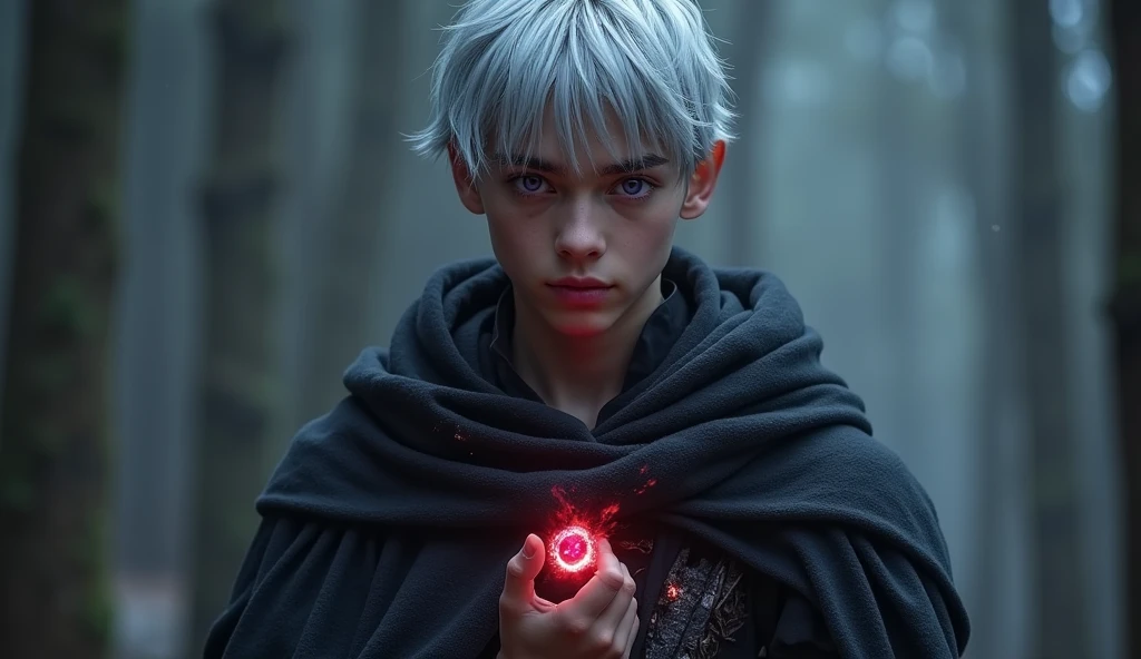 Character based on the world of Lord of the Rings, A high-fantasy horror, dark lord, a teenager half-elf young man with silver short hair and purple eyes, teenager Dark wizard, A younger man wearing a long cloak, rivendell, younger half-elf sorcerer, red flamering ruby ring on his hand