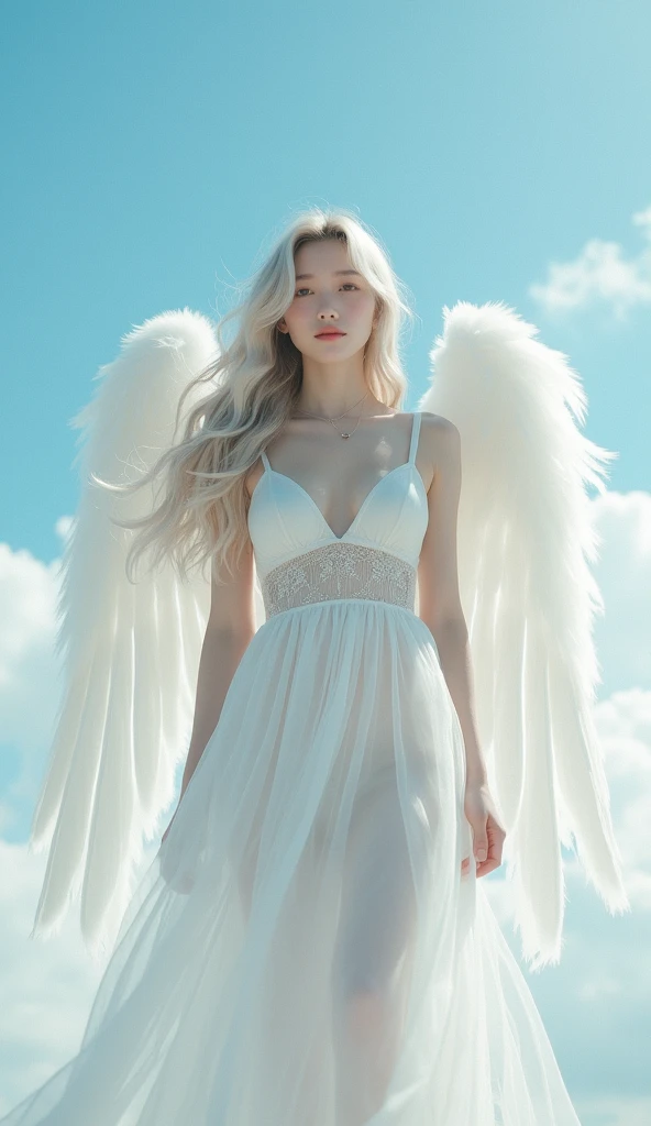 (Beautiful Korean Women, Beautiful angel, whole body:1.3),(White skin:1.8),(Beautiful small breasts:1.35),(heavenの輪, Angel Wings:1.4),(Look at this),(A Kind Smile, Long face:1.45)、(White see-through dress, See-through pubic hair:1.4),Random Accessories、(Asymmetrical layered cut hairstyle:1.15)、blue sky, Floating in the air, heaven