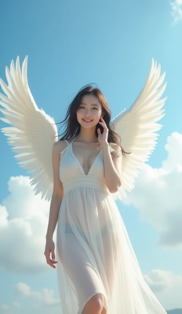 (Beautiful Korean Women, Beautiful angel, whole body:1.3),(White skin:1.8),(Beautiful small breasts:1.35),(heavenの輪, Angel Wings:1.4),(Look at this),(A Kind Smile, Long face:1.45)、(White see-through dress, See-through pubic hair:1.4),Random Accessories、(Asymmetrical layered cut hairstyle:1.15)、blue sky, Floating in the air, heaven