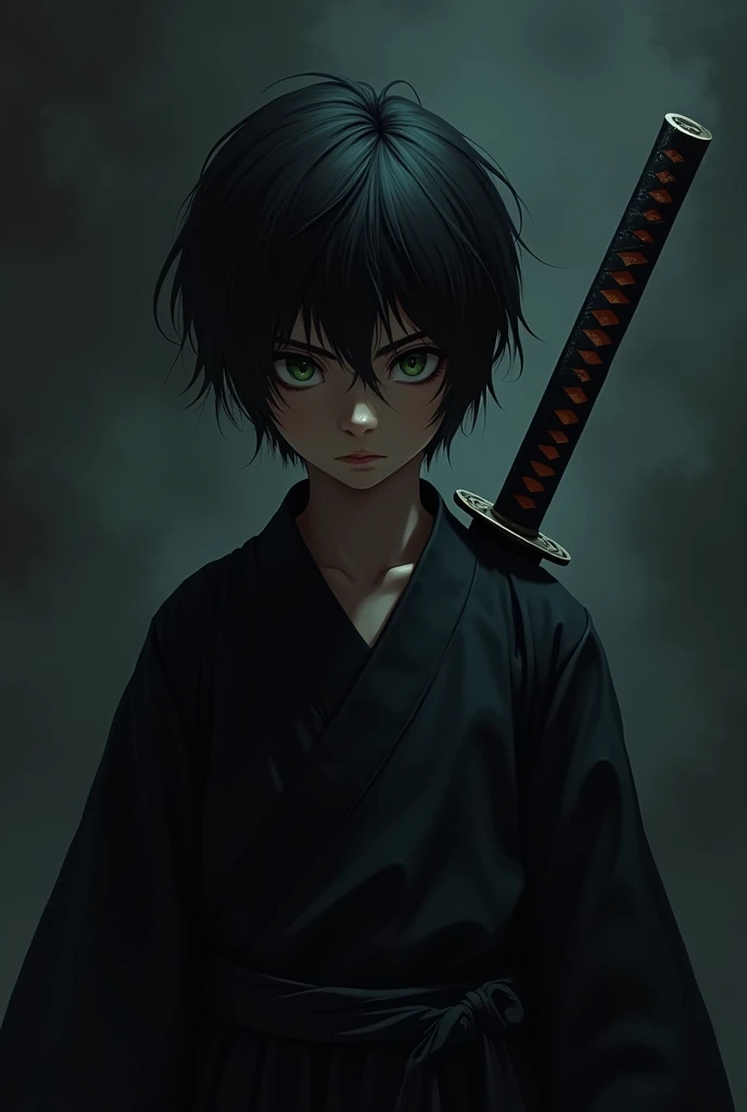 An eleven-year-old boy with black hair and green eyes who is turned away but with part of his face visible and who has the katana behind him and whose clothing is that of a swordsman but in black.