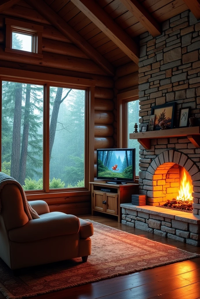 Rustic Cabin Haven: Imagine a rustic cabin living room, with wooden beams across the ceiling and a stone fireplace crackling softly in the corner. The window shows a peaceful forest view, where rain falls gently on tall, majestic pine trees. A large, plush armchair with a cozy blanket draped over it sits in front of a wooden TV stand, where a classic animated movie is playing. The soft glow from the fireplace and the sound of raindrops create a warm, comforting ambiance, perfect for relaxing and enjoying the natural beauty outside.
