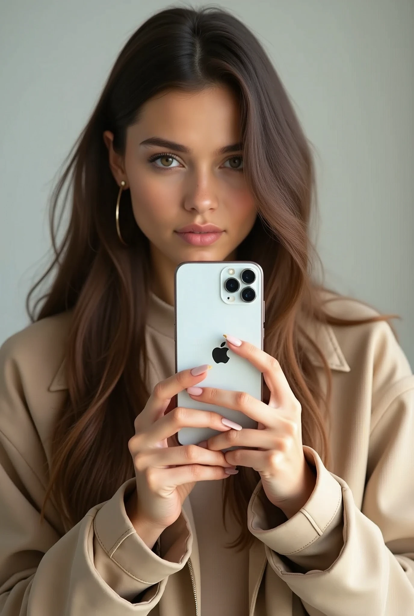 Femme biseness sexy pour présenter un iphone 13 haute qualité réaliste