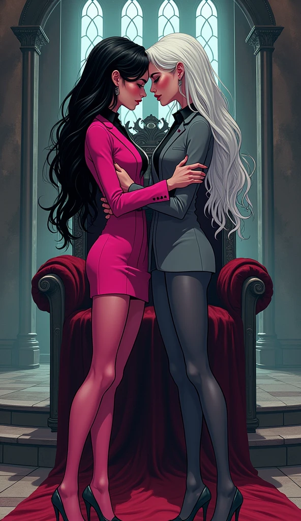 Two womens long black hairs, yuri,
(The first women wear a pink suit, black shirt, pink pencil skirt, black underpants, black tight, pink high-heels)
(The second women wore a grey suit, black shirt, grey pencil skirt, black underpants, black tights, grey high-heels)

Standing inside the castle, a vampire white hairs sat on the throne in front of them, cartoon novel, 4K, HD