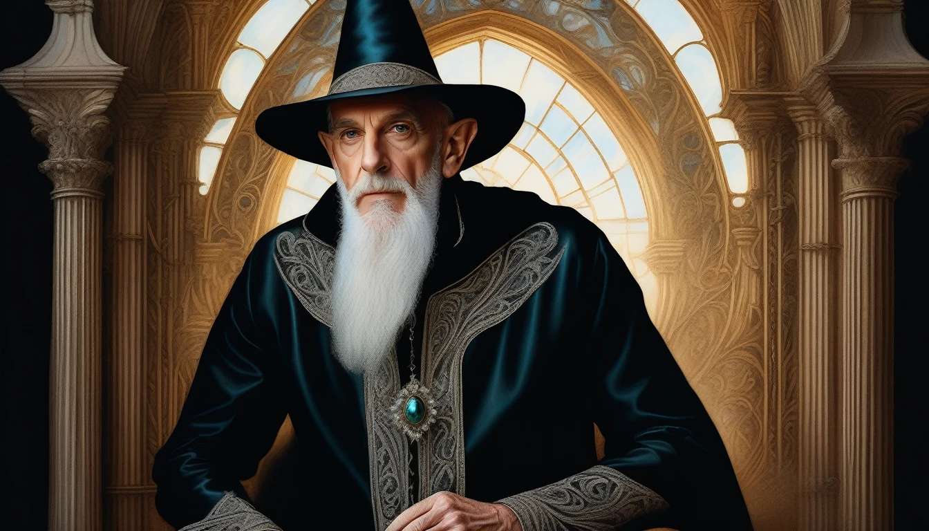 old man elf wizard of portraits, perfect balance of form and function, sharp gaze eyes, hold a wood cane, wizard hat, baroque robe, blessing light gain, stunning elf ears and earrings, fantasy wolf of picture frame, RGB lighting dances across the sleek lines and intricate components, (((intricate detail matte paint of super illustration:1.3))), creating visual masterpiece will take breath away, fine detail brush stroke of pencil, Get ready to be amazed coloring, (((stunning fine details and delicate mesmerizing renderings:1.3))), very own custom designed, tonal contrast, natural lighting, occultism cinematic still like, inside the temple of fine detail dark fantasy, correct and punctuality brush stroke, highly quality, accurate and polite crossover layer, oil paint coloring, gel ink coloring, grunge, gouache coloring,