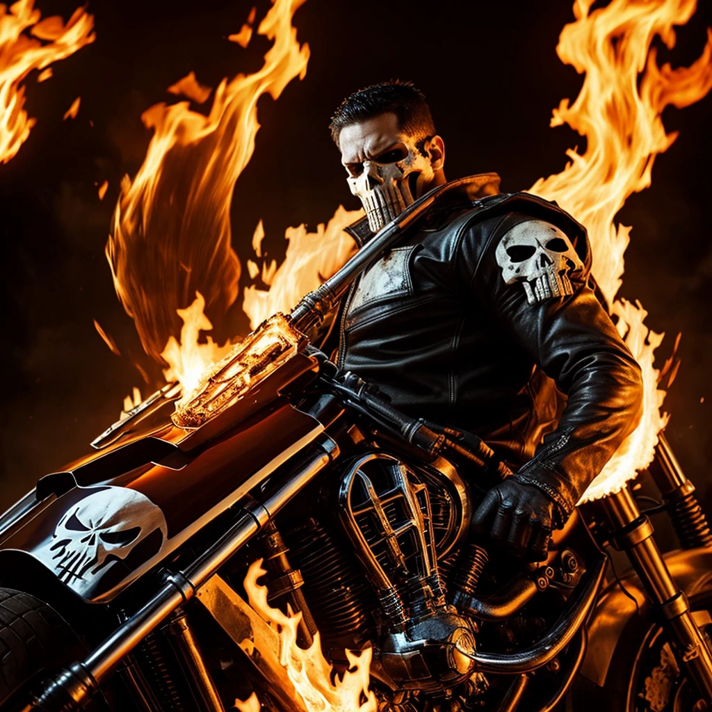 Punisher as Ghost Rider, transformed, exteremly detailed flames, Masterpiece, High Resolution, Best Quality, High Details, Cowboy Shot, From Side, Looking at viewer, Depth Of Field, skull head on fire, Marvel cinematic Universe,