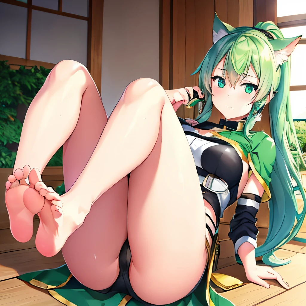 (masutepiece:1.1), (high resolusion:1.2), (Illustration:1.05), (ultra detailed 8k art:1.05), (finely detailed beautiful eye), Perfect face, Bright pupils, Lustrous skin, hayami_Sena ,Green eyes, , Sinon, Black_Belt bag, Green_Capelet, Green_Jacket, white_Shorts,, Long sleeves, fullllbody, blushed, Looking at Viewer, sole, Barefoot soles、poneyTail、Smelly、5 toes、Sole Focus、Open your toes、Bare legged、bare-legged、Brown hair、Sena Hayami、Stuffiness on the soles of the feet、Sweaty feet, Close-up of the soles of the feet,Exposing the soles of the feet