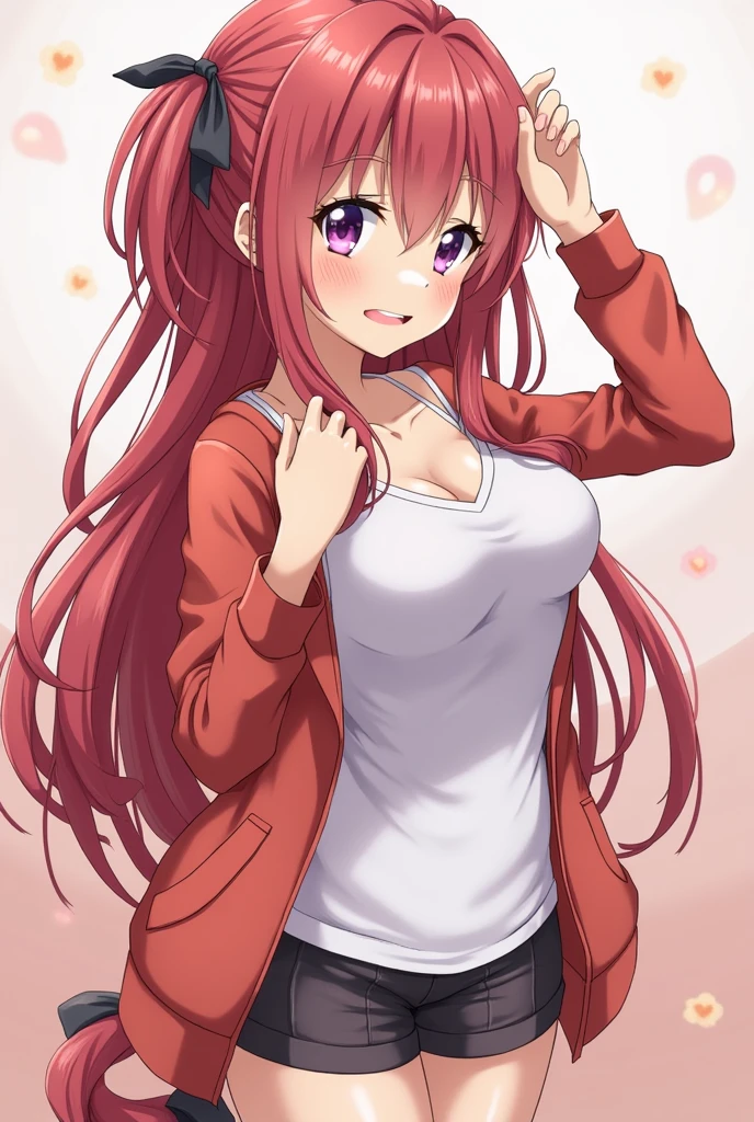 score_9, score_8_up, score_7_up, source_anime, 1girl, solo, 
mari setagaya, human-form, 1girl, solo, long hair, looking at viewer, smile, shirt, red eyes, red hair, fang, indoors, arms behind head, armpits