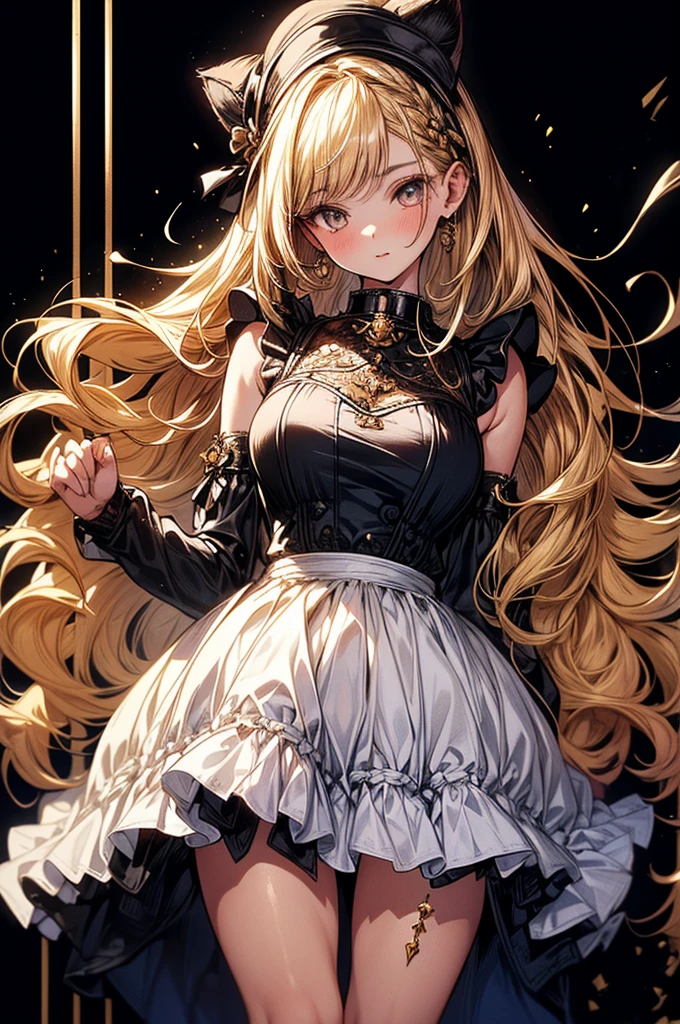 ((highest quality)),(ultra high resolution),(Super detailed),(detailed description),((best CG)),(best work of art),super precision art, great drawing art,(Art with precise details:1.5), (1 woman:1.5), beautiful and well-shaped symmetrical face:1.5,(Beautiful skin with precise and detailed depiction:1.6),(Sleeveless frilly dress, White waist apron),provocative angle:1.6,gorgeous, masterpiece, best quality, high-resolution, finely detailed, extremely detailed and beautiful, distinct-image, 1 girl, solo, Simple Knee length dress, white frilly waist apron, beautiful young age girl, 13 yarly white skin, Blonde braided ponytail hair, adorable and cute facial features, golden-brown colored eyes, sheer white stockings, plump thick lips, modest breasts, slender and slim toned body type, tall height(190cm), small narrow waist, wide curvy hips, plump large round ass, full body picture, cat-ears, cat tail