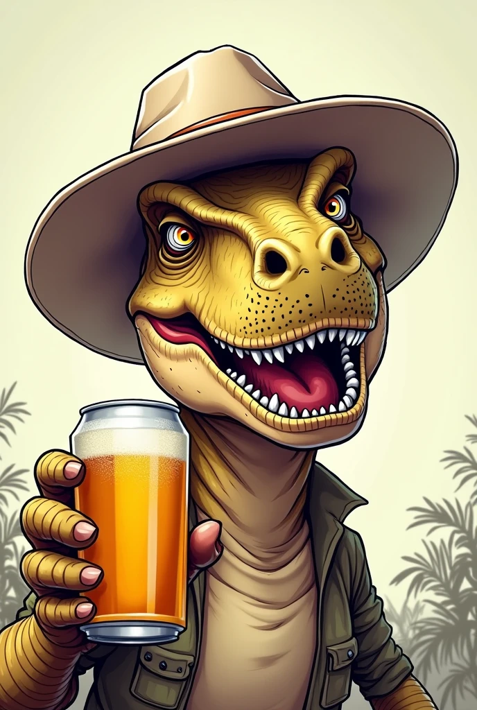 Create a profile picture of a dinosaur, T-Rex, with a white safari hat on his head comic style with beer in his hand close to the camera, like a selfie Further down, that you can see the hat clearly 