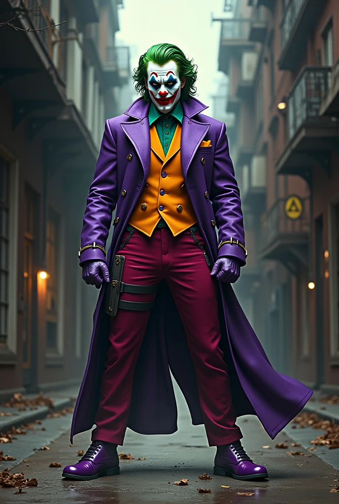 detailed superhero comic book cover, 1 character, old-fashioned Marvel style, Deadpool costume pants, Joker costume jacket, clown makeup face, white hair, "Vingator" title, (best quality,4k,8k,highres,masterpiece:1.2),ultra-detailed,(realistic,photorealistic,photo-realistic:1.37),digital painting,cinematic lighting,dramatic shadows,vibrant colors,comic book style,dynamic action pose