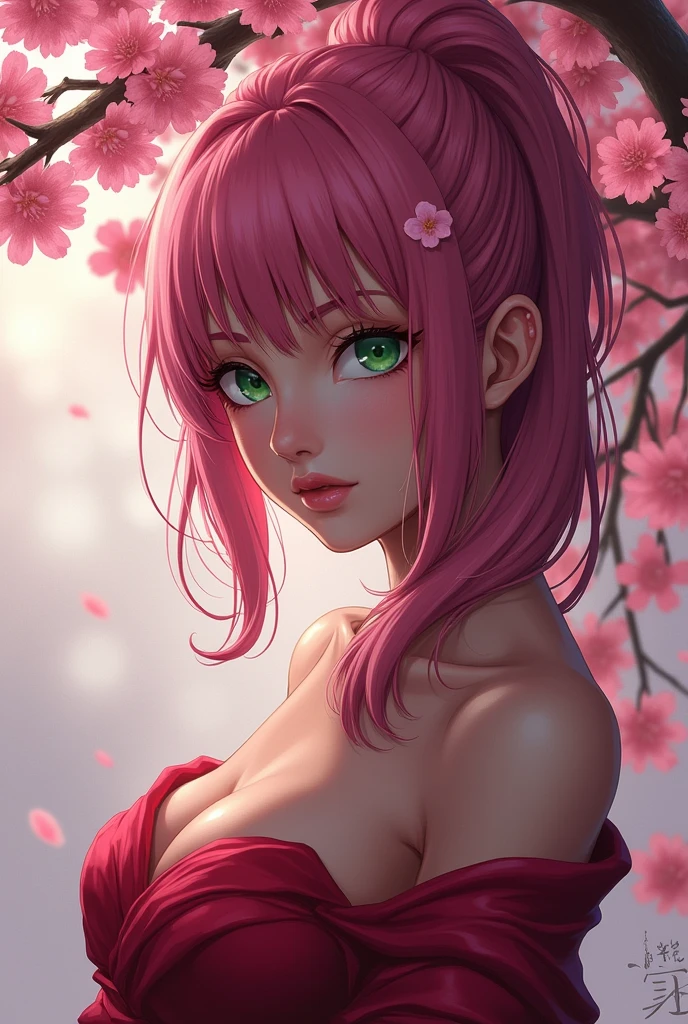 Generate sakura from naruto hot and bold and sexy, with a shy look on face