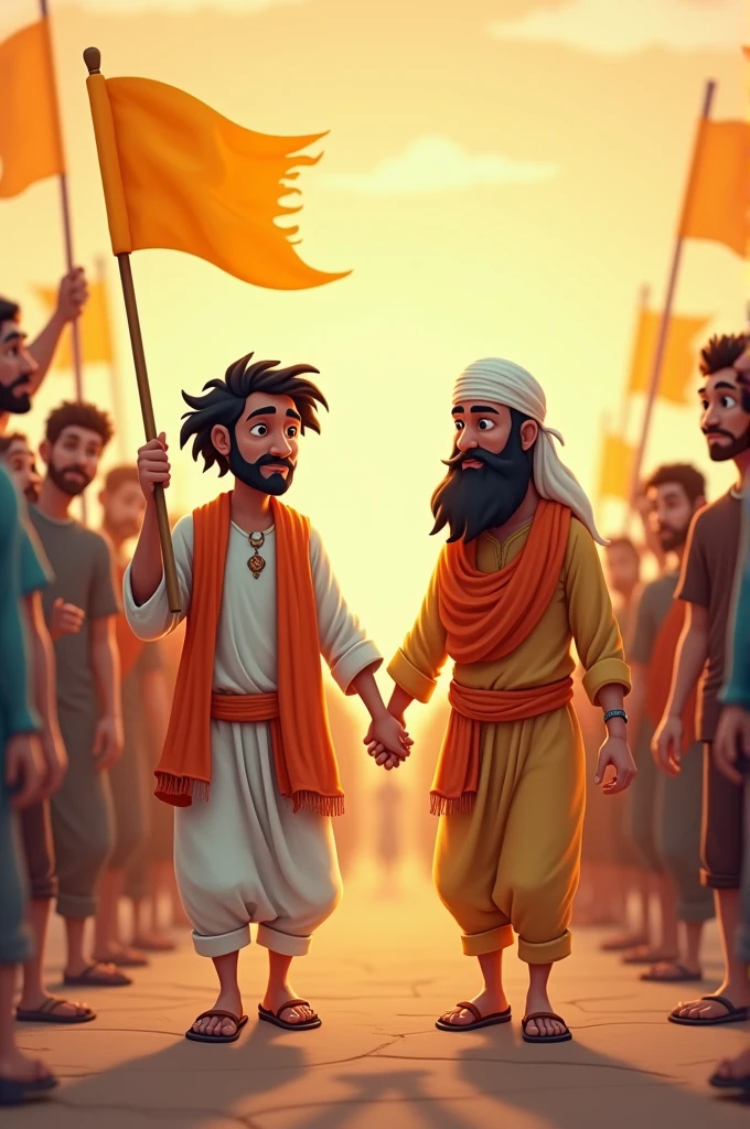 image quality cartoon type Hindu man and a Muslim man holding hands, two people are very happy and many people are moving behind face good looking enemy effect background man hand yellow flag right side man Mahadev look