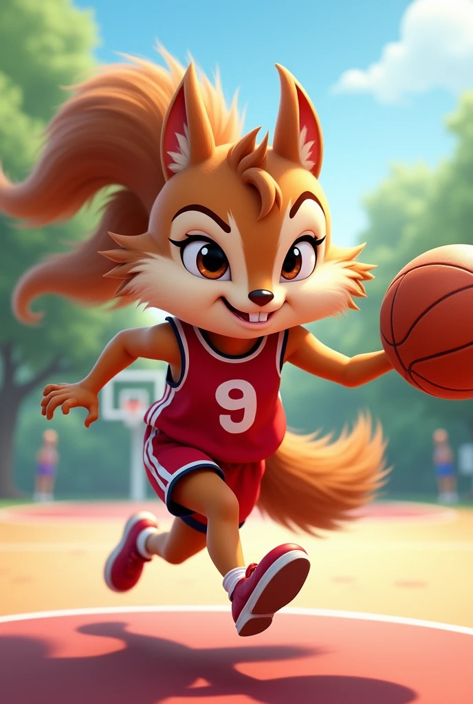 Cartoon fast squirrel girl long hair basketball with glasses red jersey number 9