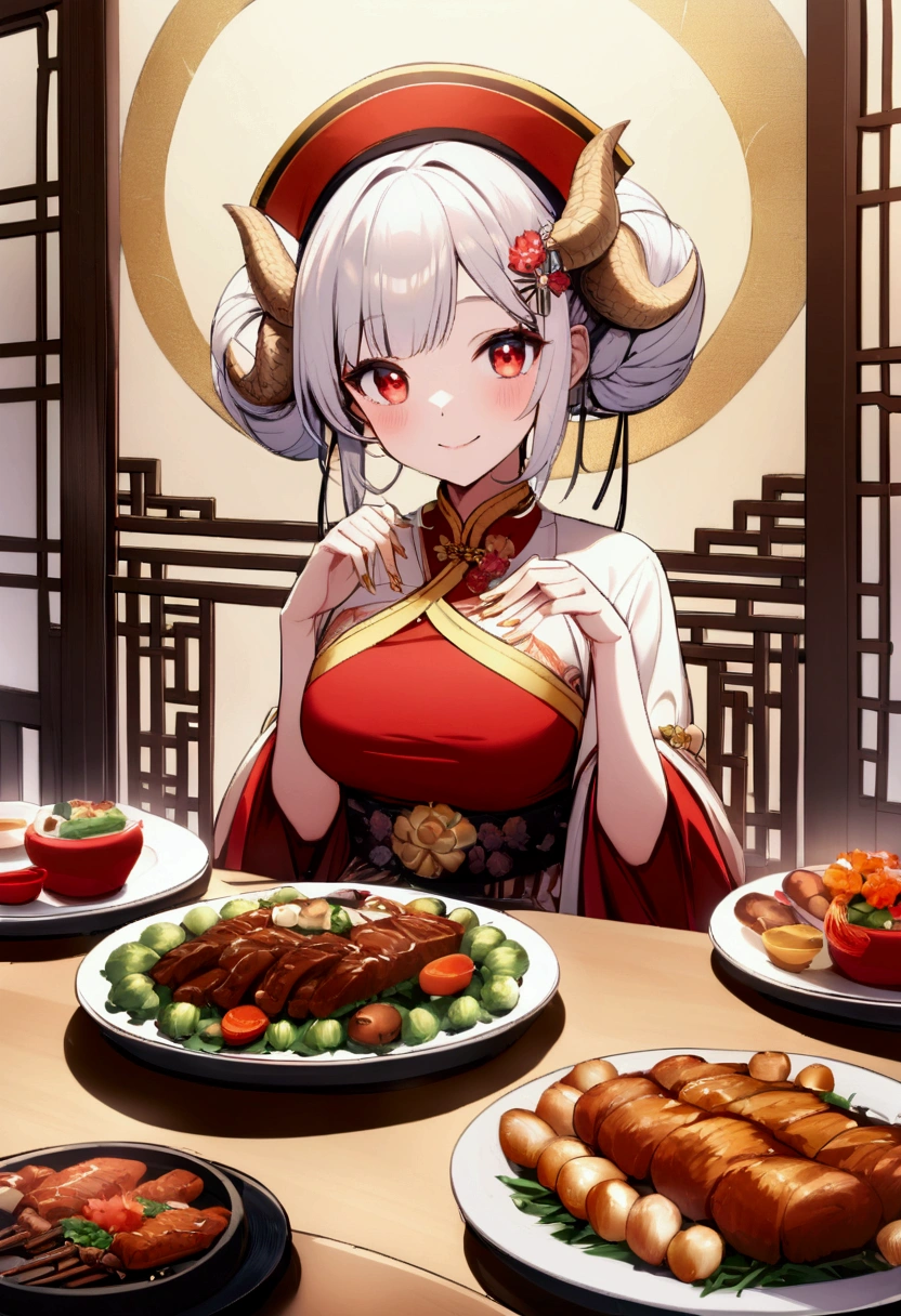 A girl from Daliang happily enjoying Tatar barbecue。她坐在一张精致的木质dining table前,On the table is a plate of golden、Fragrant barbecue。
**Character details**:
- **Girly appearance**:She is smiling,Show a happy mood。Her red eyes sparkled with joy。
- **apparel**:少女穿着大梁国传统apparel,apparel上绣有精美的龙形图案,Rich colors and classic beauty。Clothes are as smooth as silk,Decorated with delicate gold edges and patterns。
- **hairstyle**:她的hairstyle盘成复杂的发髻,Decorated with exquisite hairpins and hair accessories。
**decorative details**:
- **dining table**:dining table上除了烤肉外,There are also traditional Chinese tableware.,Such as blue and white porcelain bowls and chopsticks。There are several flowers decoration on the desktop,Adds some elegance。
- **background**:background墙上挂着大梁国风格的装饰画,Showing a unique cultural atmosphere。There are several pots of carefully maintained bamboo in the corners.,Add a natural touch。
**Special elements**:
- **Chinese dragon's horns**:少女的头饰上装饰着象征Chinese dragon's horns,These dragon horns are colorful and full of mystery,与她的apparel相得益彰。
**Light and shadow effects**:
- **Light**:Light从窗外斜射进来,Illuminating the girl and the barbecue in front of her,Create a warm and comfortable dining atmosphere。
