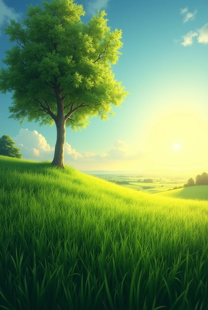 realistic landscape green field with a tree nearby on the left with the sun on the right,