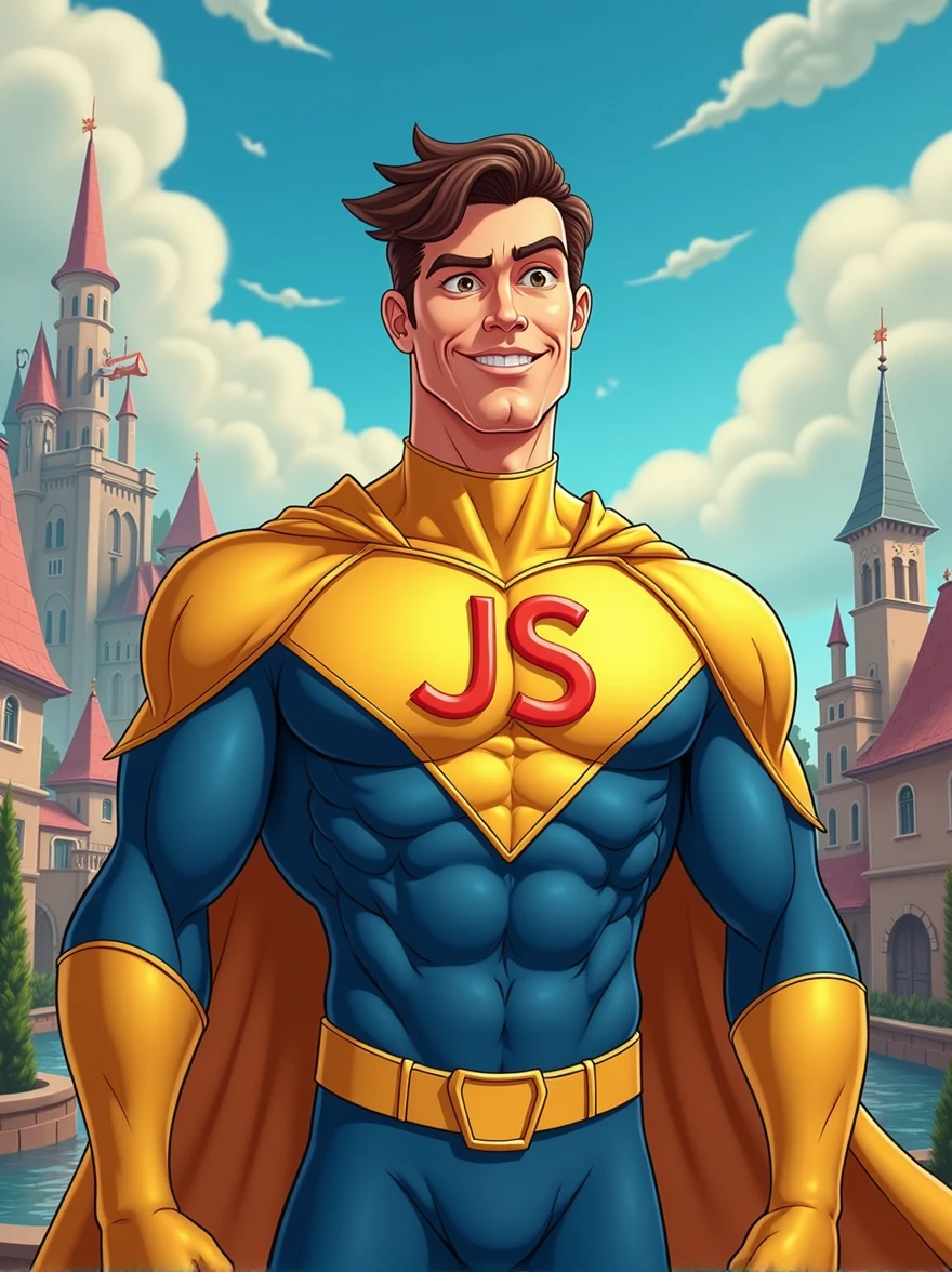 a javascript developer as super hero with letters "JS" on chest and yellow and blue colors in disney style
