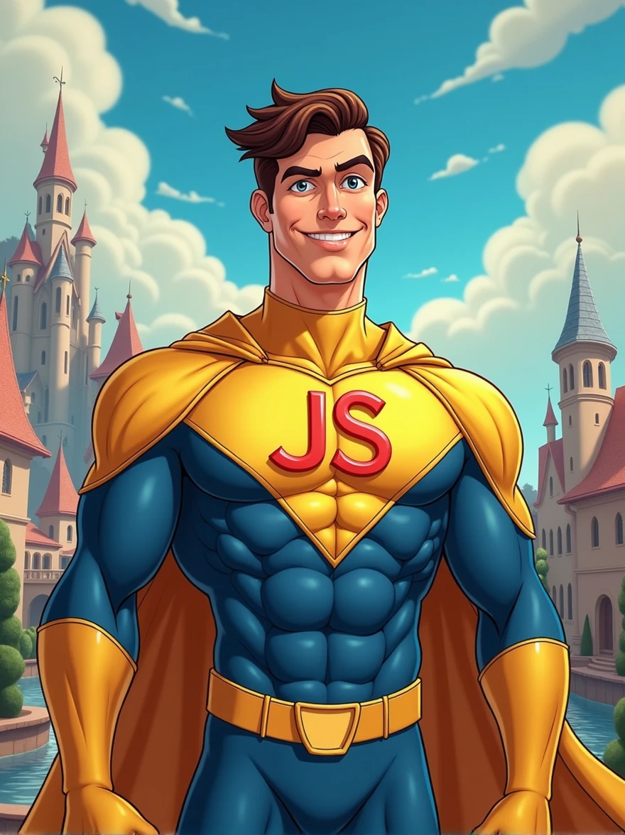 a javascript developer as super hero with letters "JS" on chest and yellow and blue colors in disney style