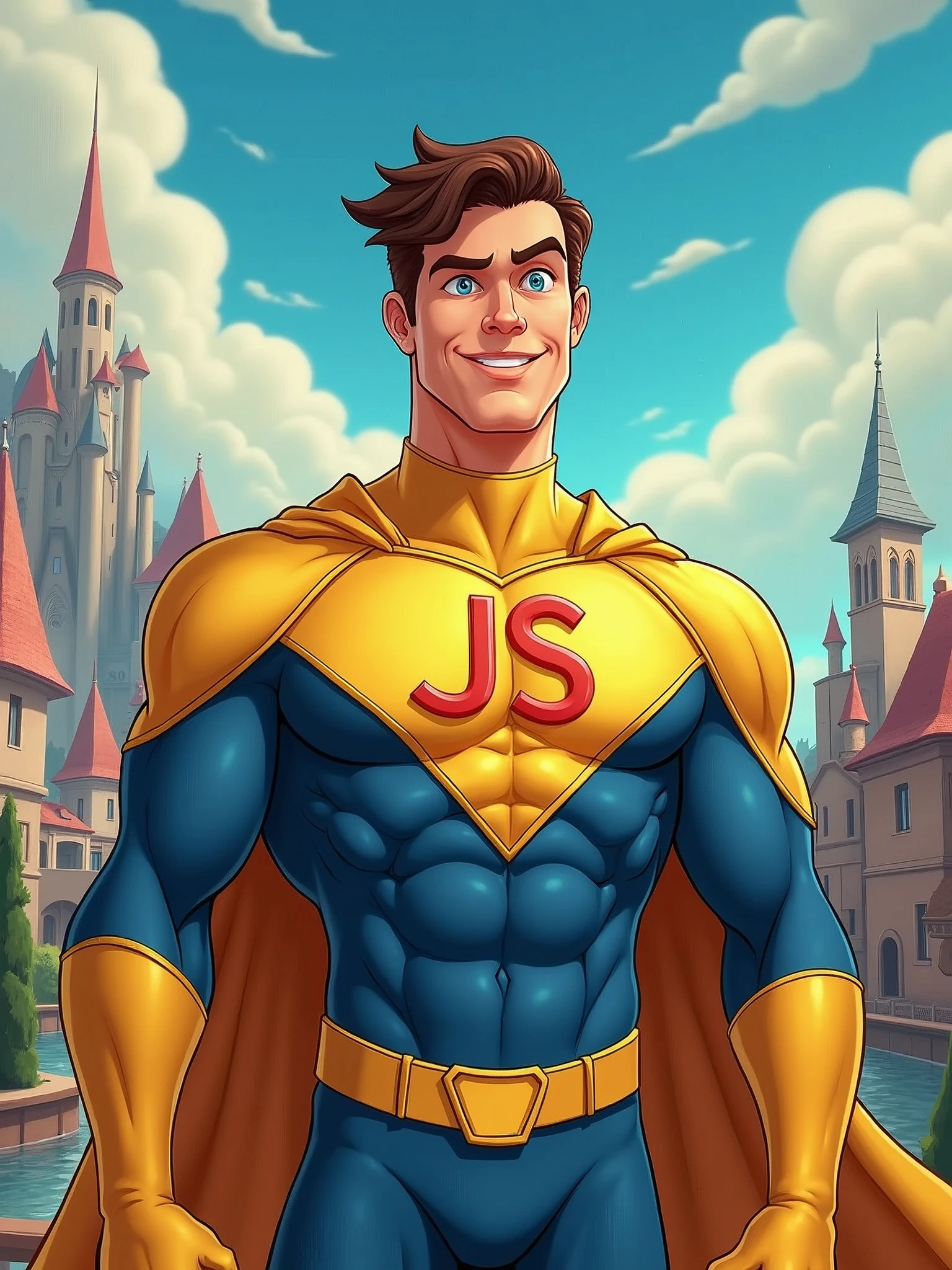 a javascript developer as super hero with letters "JS" on chest and yellow and blue colors in disney style