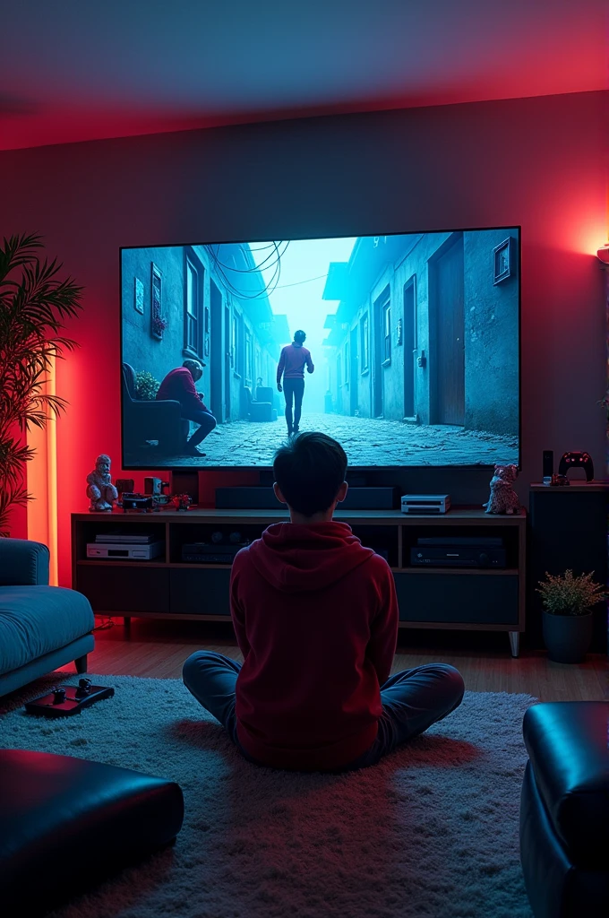 A gaming room with a 4K TV, and the TV is displaying the "Stranger Things" series.