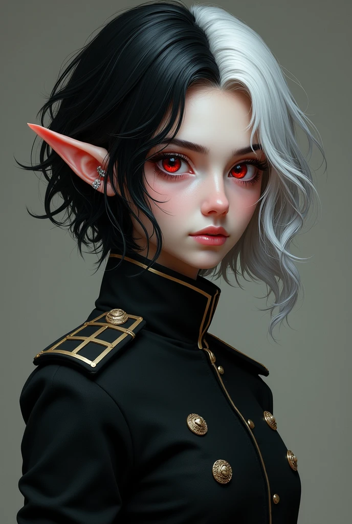 She is a 22 year old girl with elf ears, one small fangs, blood-colored eyes and pupils similar to those of wolves, hair black as night,but with silver locks, short to the neck and wavy. a plain military suit with nothing. medals, only in black, a cold personality, He is a student at the military academy "war and dragons" from the land of the elves