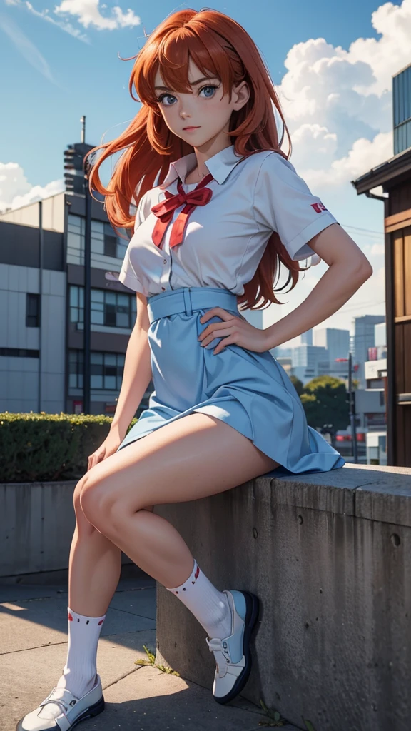 (masterpiece, best quality, detailed), Asuka Langley soryu, neon genesis evangelion anime, sexy girl, German nationality, dressed in her blue school uniform, White shirt, blue dress white socks, black shoes, cara hermosa, ojos muy detallados, cara muy realista, cutis perfecto, Young, skynny body, small and beautiful buttocks, toned abdomen, small and beautiful breasts, obscene, sensual, malevolent, Eva 03 in the background, edificios in the background, Dramatic background, clouds, Tokyo City 3, pose sensual, the sky is shining, the sun illuminates its beauty, sensual look, Whole body, beautiful eyes, classic hairstyle,Hair dyed in bright red color, best quality,4k,8k,A high resolution,masterpiece,Ultra detailed,realistic, Photorealistic,photo realistic, gran definición, detalles al máximo