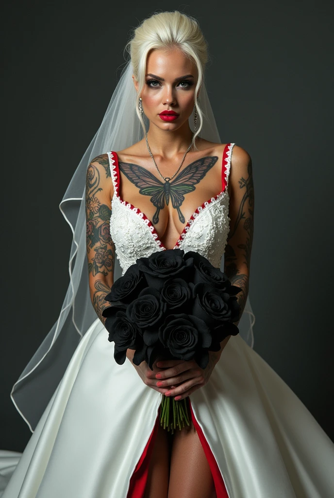 a one woman, Alta loira, with strong makeup red lipstick, wearing a wedding dress, with cleavage showing all her tattoos, a butterfly tattoo on the chest, on the feet red high heels, on the hem of the dress a red colored strip in her hands a bouquet of black roses